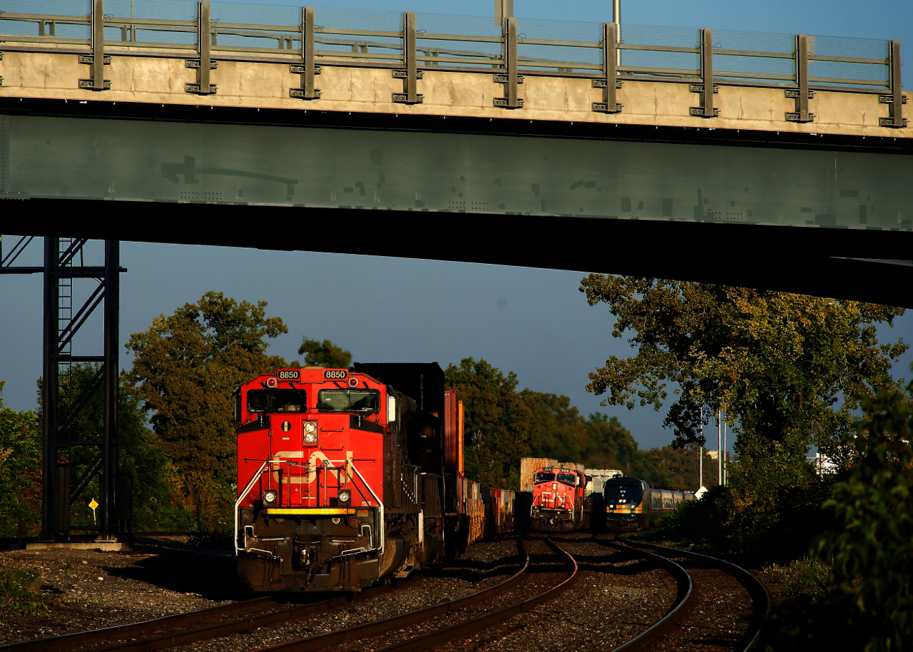 CN 327 is at far left and is holding on Track DX-1 for a number of trains. CN 321 is approaching on the North Track, it will hold for VIA 37 and VIA at Dorval before continuing west. VIA 37 at far right will be the first to leave Dorval.