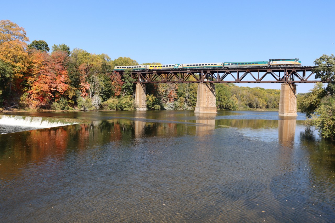 VIA 72 crosses the high level bridge over the Grand River in Paris, Ontario, next stop Brantford.