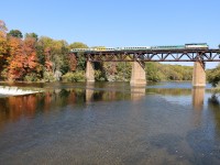 VIA 72 crosses the high level bridge over the Grand River in Paris, Ontario, next stop Brantford.


