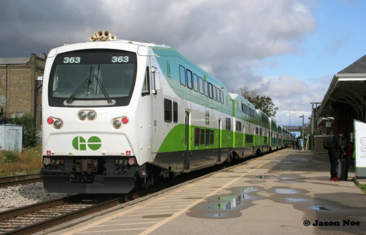 Last weekend Metrolinx had added extra Kitchener Line service on October 7 and the following weekend for the first time, to alleviate increased demand on GO bus service over the fall reading week. Here the first weekend revenue GO train is seen at the Kitchener, Ontario station on October 7 after loading a full platform of riders.