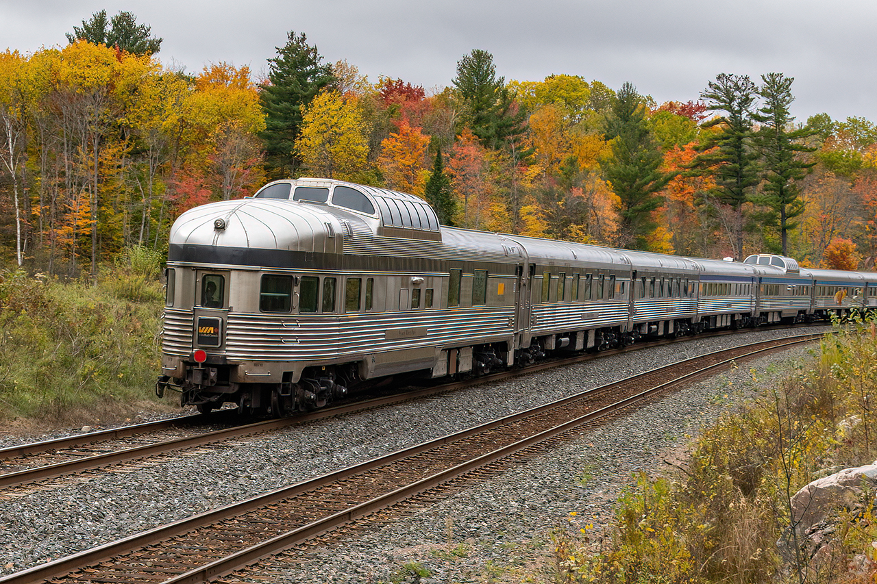 Prince Albert Park brings up the tail end of 21 glorious stainless steel cars of VIA 1 passing through Muskoka just after the peak of fall colour season. It's windy cold, and raining. I couldn't care less. It can't, but I wish this train could stay like this forever.