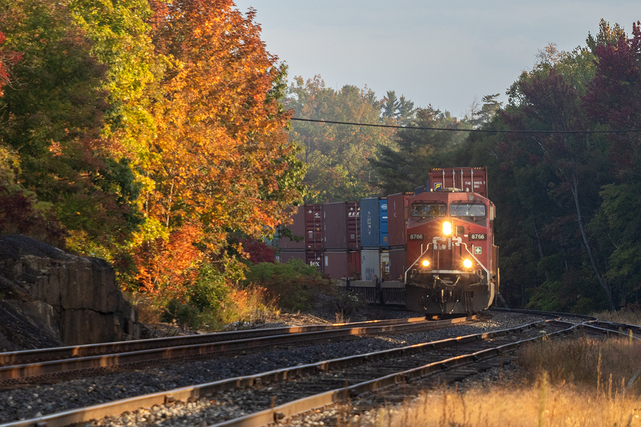 The fall colours are really getting going; the reds and oranges being by far the most vibrant. CP throws in a little rid of its won as 104 flies around the corner into town, picking ts way though the shadows half an hour after sunrise on the first day of October.