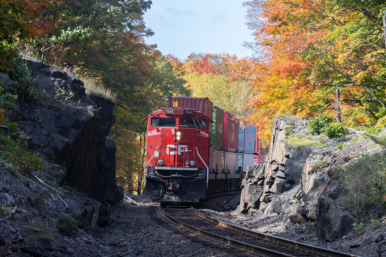 Some of the colours are popping as 119's tail DPU shoves hard towards Reynolds, the DRZ and the Seguin River trestle. Loucks Road for a specific location.