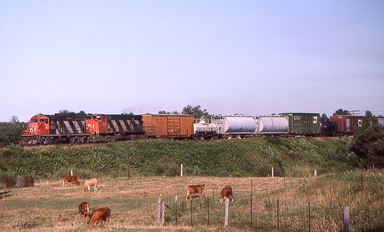 CN 4012 is leading a freight through this peaceful setting in Darlington Park, Ontario on August 6, 1987.