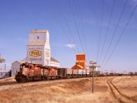 While 110 SD40-2 units were available on CP in 1974, it was not unusual to see a high-priority train like number 965 powered by a pair of plain SD40s out of the fleet total of 65 units.  Here, on Tuesday 1974-10-01 on my first Saskatchewan road trip, 5509 + 5503 are eight years old as they scoot by the elevators at Tompkins, 50 miles west of the previous crew change point at Swift Current.

<p>Regard that glorious Saskatchewan sky.  Combine that with the friendly people there, and it is no wonder this west coast kid gained a strong appreciation for prairie railroading.  CP management folks were rather surprised when I happily accepted a temporary winter assignment to work there (based out of Moose Jaw) twenty years later.  Little did they know!
