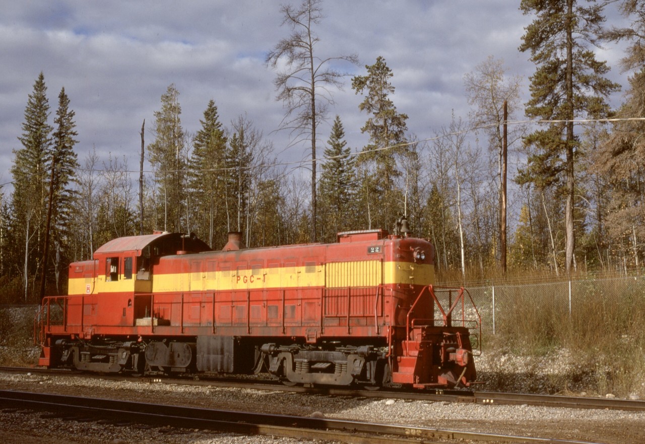 Nine miles south of Grande Prairie on CN’s Alberta Resources Railway, a saw and pulp mill of Proctor & Gamble Cellulose (now Weyerhaeuser) operated an ALCo RS-1 to switch their operations.  Here, on Wednesday 1977-09-21, PGC 1 (still carrying 22 in its numberboards as ex Lake Erie, Franklin & Clarion 22, nee Minneapolis & St. Louis 234, built 1951-10 as ALCo 79347, those details obtained from http://www.trainweb.org/oldtimetrains/industrial/ab/gallery2.htm) enjoys a moment in the sun before its next chore.

This unit has been preserved, painted as Great Northern 182, at the Railway Museum of British Columbia in Squamish.