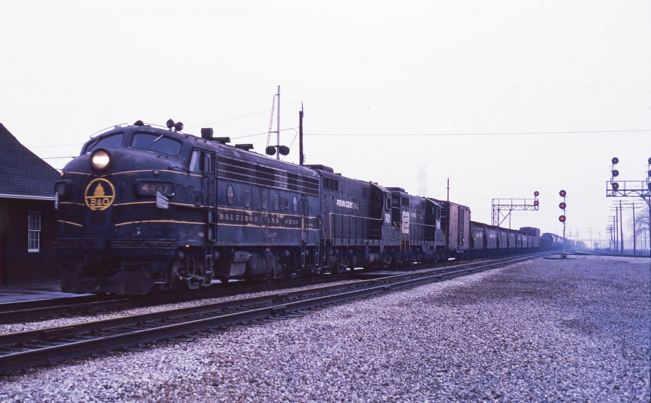In the early 1970s, you never knew what what you might see track-side. In this photo, with a processing date of May 1972, we have the eastbound Starlight passing through Burlington behind leased B&O F7A 4487 and PC GP9s 7431 and 7430. The PC units were not known for their reliability and CP must have grabbed whatever was handy to get the train over the road--in this case one of 20 B&O units based in Winnipeg (16 A units and 4 B units). According the March 1972 UCRS Newsletter, CP had 100 units on lease over the winter of 1971-72--including locomotives from the BAR, B&LE, B&M, DMIR, LS&I, Bellequip, and PNC! (However, new SD-40-2s were on the way--deliveries started in mid-February 1972.)
