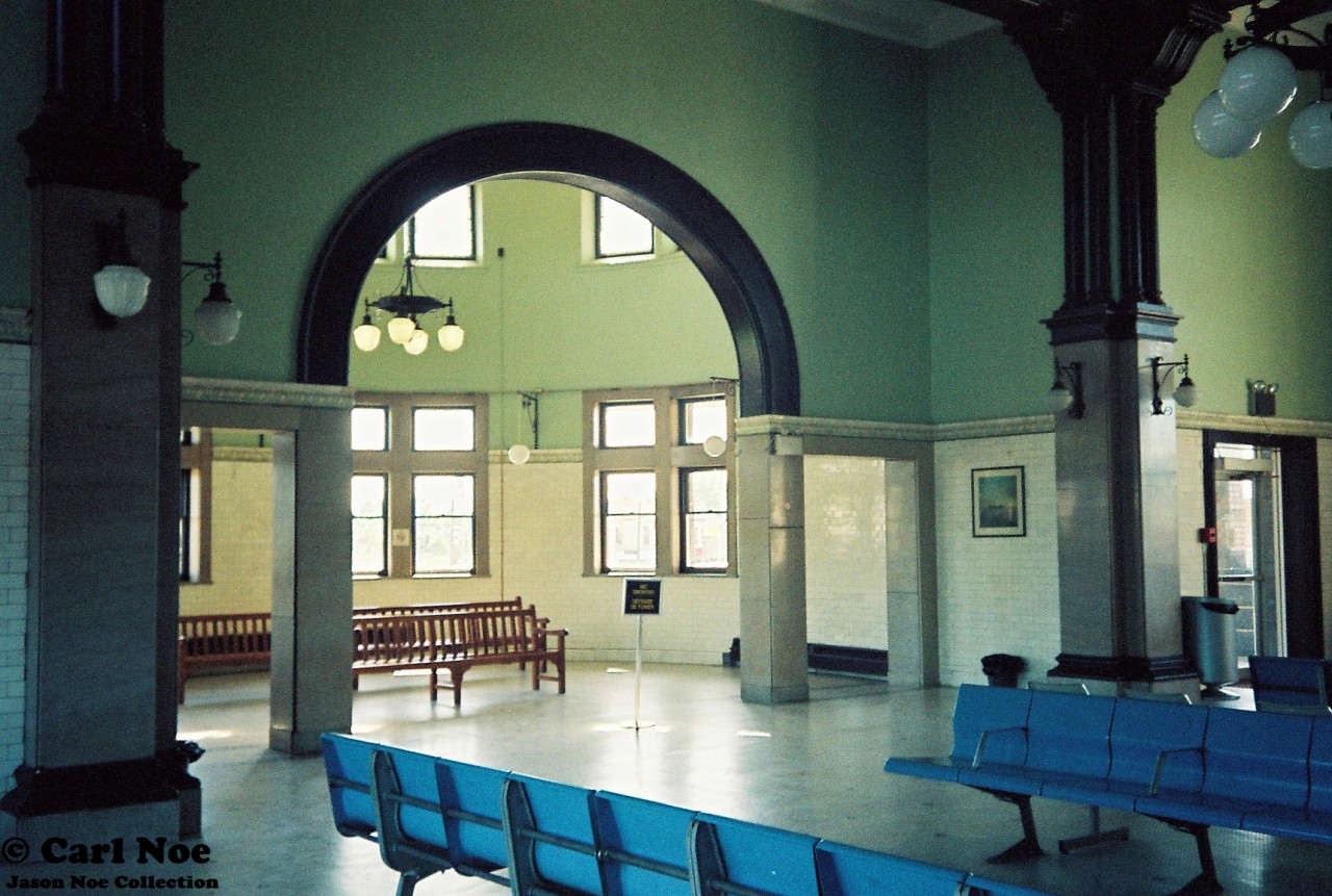 The quiet waiting areas of the Brantford VIA Rail station are seen between passenger trains.