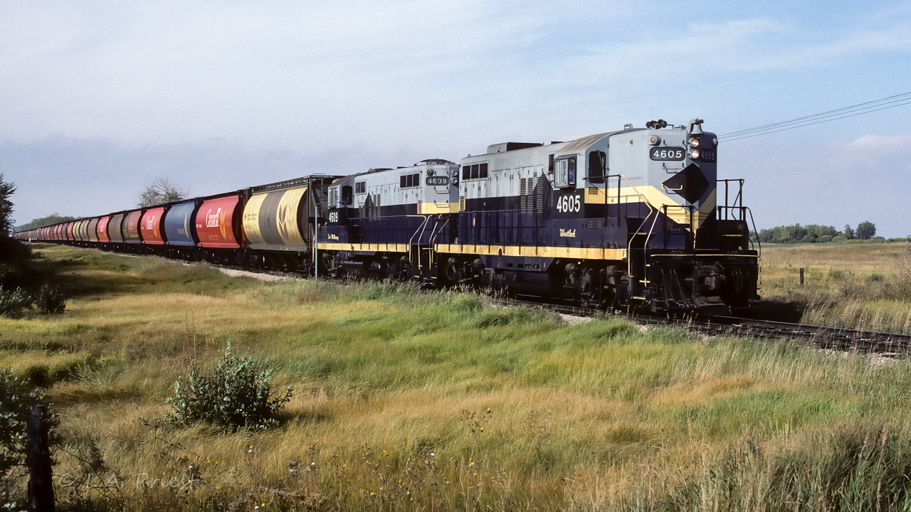 A colourful 30 plus hoppers trails 584 on this September morning. The front few cars will shortly find themselves spotted at the Redwater elevators. By 11:30, the units will be back on the train and making for Radway, the next stop of the day.