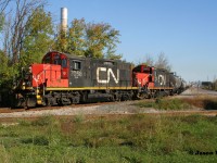 CN’s 07:00 Job is pictured with GP9RM’s 7058 and 7068 having just worked Parkland Fuels on the former Stelco Rod Mill trackage in Hamilton, Ontario’s north end.