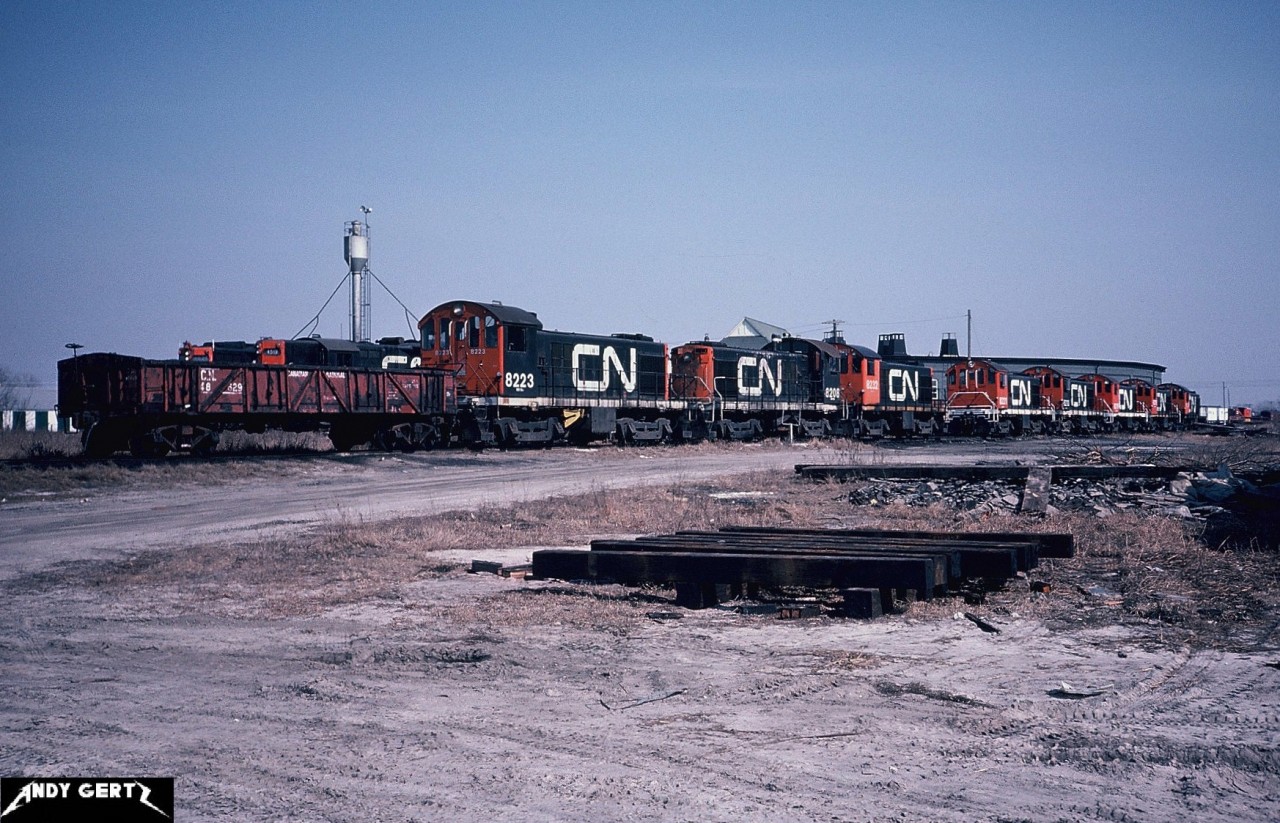 In March 1983, a line of stored S-series units are pictured at the CN roundhouse in London, Ontario. The units included; S-7’s 8223, 8208, 8232, 8221, 8210, 8219, 8218 & 8229. 

James Booth has a photo of these units being set-off here in October 1982.

http://www.railpictures.ca/?attachment_id=23622