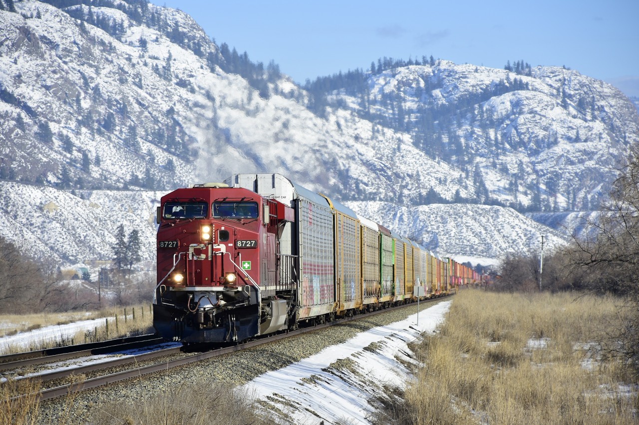 CP 8727 leads train #199 through Monte Creek and on towards Kamloops.