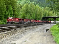 A westbound load of grain rolls into Revelstoke with 7 units on the head end including CP 7036 & 7049.