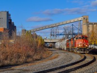 On November 24, 2023, the CN 500 (PSC switcher) returns from the port of Montreal with a 1,500-foot train.