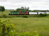 The Green Goblin frenzy has ended...
CN 580 (and 581) might have been the most popular train all summer, with BNSF 2098 headlining the set and the likes of CN 9547, 4713, and 4791 acting as supporting characters. But of course, in early June when it first arrived, we didn't know it would last that long. On one of its first trips along the Hagersville sub, BNSF 2098 & CN 9547 cut through the rolling hills north of Onondaga ON with 11 loads from CGC. 