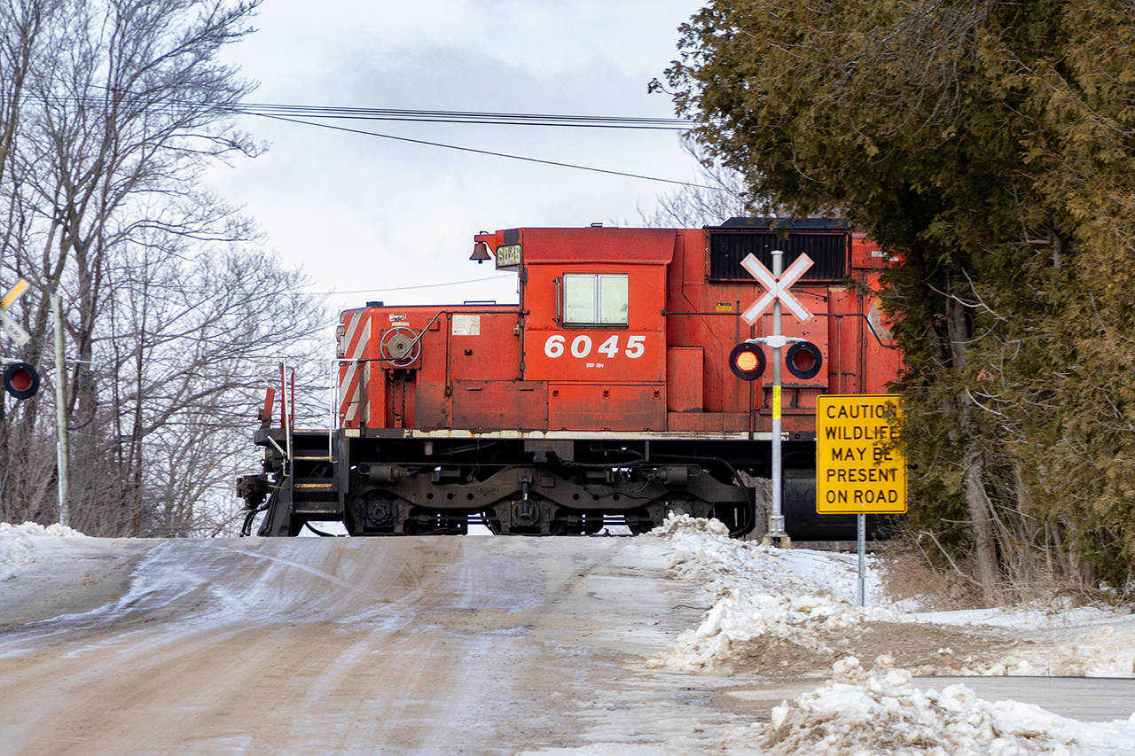 Struggling to Galt with 6045 severely ailing, the sign at the crossing still holds.