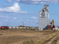 G 81741 28 highballs past the elevator at Kinley, Saskatchewan   