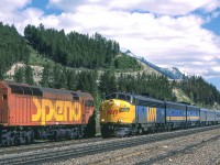 Peter Jobe photographed this meet between VIA #1 headed by VIA 6566 and a SPENO train in Golden, British Columbia on May 12, 1985.