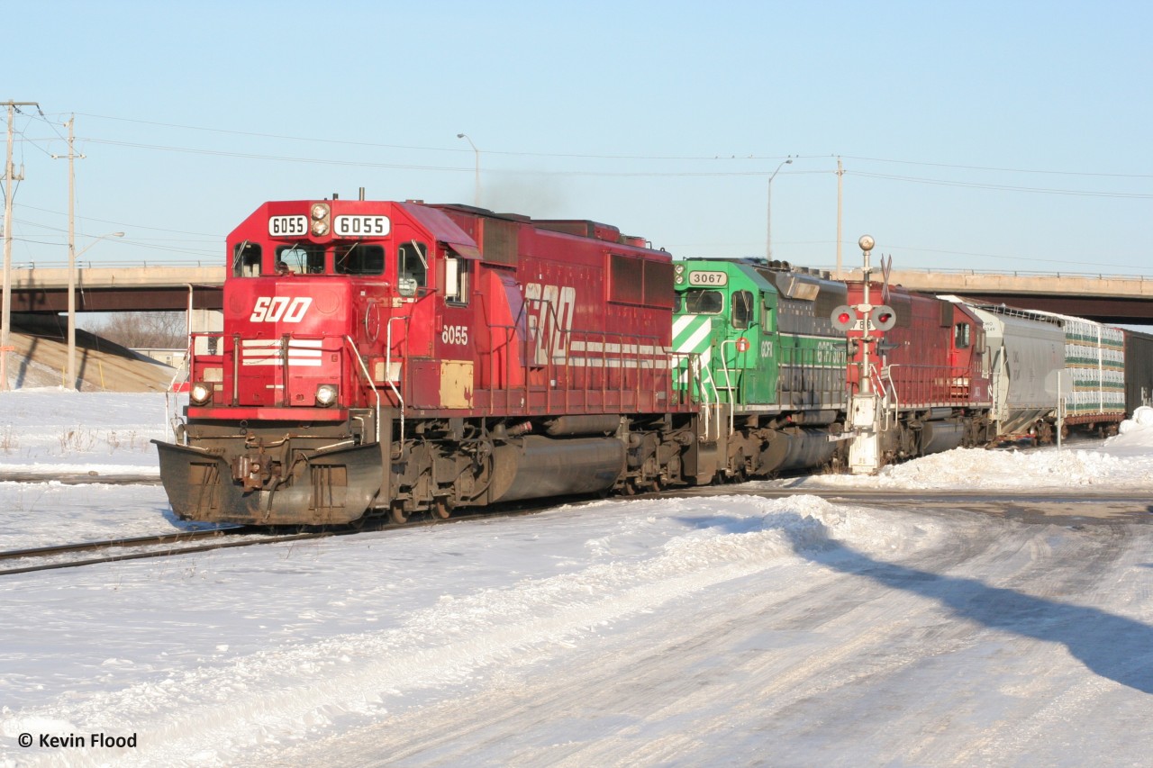 In February 2008, a nice afternoon westbound with SOO 6055-GCFX 3067-NREX 783 was pictured passing through Galt. During this period, CP still ran abundant SD40-2s and similar models, including leasers, also dubbed "rent-a-wrecks" by railfanners.