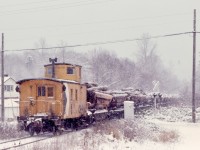 As a literal followup to my post a week ago of a Nitinat log train in the snow, here is the tailend, nicely punctuated by caboose CP 437148, right on the crossing of Westholme Road in the village of the same name on Tuesday 1980-01-08 at 1324 PST.  Those logs are from Lake Cowichan, and are for dumping into the saltchuck at Crown Zellerbach’s dump at Ladysmith, 11 miles ahead, then it will be cab hop onward to Wellcox yard on the Nanaimo waterfront.

<p>By the blind luck of my timing on the planet, I got to know train order and caboose operations well on Vancouver Island, and frequently photographed the tailend of a train after catching the headend.  Years later, in 1989, part of my work was readying locomotive equipment for cabooseless operation, distance-counting digital speedometers and end-of-train communications devices, and I was really glad I took so many caboose photos.

<p>A very Happy 2024 to all.