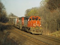 The Head of the Class !!  First of an illustrious series of SD40 locomotives on this railroad, CN 5000 leads a westbound on approach to Bayview Jct in the late afternoon sun of a mild November day.  This unit was built in September of 1967 and held on almost to the bitter end.  There are none left on the once 241 strong on the CN roster and this unit was one of the last dozen to be retired.  Don't really know, but I assume it was scrapped.
Seeing this was a surprise, as I thought it was based out West. Second unit is 5281.