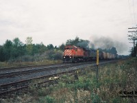 A short CP eastbound (likely 270) heads through Blandford, Ontario on the Galt Subdivision with 15 cars. The train is powered by CP C424 4237, SOO SD40A 6408 and SOO SD40-2 6602. 
