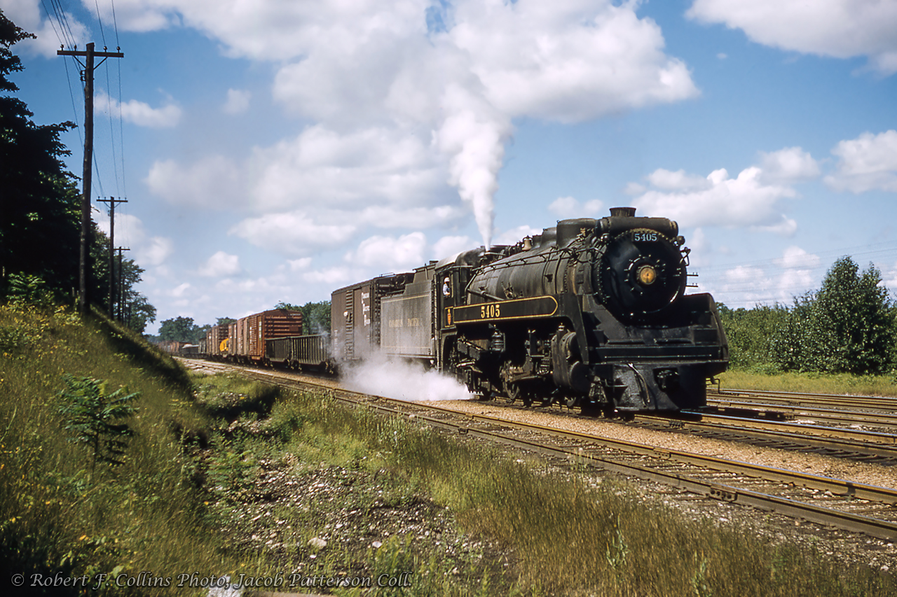 CPR P2g Mikado 5405 is seen at Guelph Junction with an eastbound freight.Robert F. Collins Photo, Jacob Patterson Collection Slide.