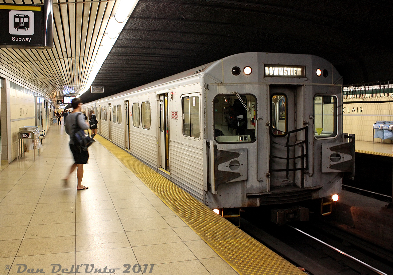 37 years after its delivery, TTC 5685 (and most of the Hawker Siddeley H5 fleet built in 1976-79) were still racking up the miles under Toronto's streets, providing service on the busy Yonge-University-Spadina line (YUS, now "Line 1") alongside the fleet of younger Bombardier T1's. But, new Bombardier Toronto Rocket (TR) subway trains were starting to come online, meaning the days of the remaining H-series fleet (H4, H5 and H6 cars) would be numbered.

Here, after a brief stopover at St. Clair Subway Station after riding new TR set 5401-5406, we waited for a southbound train and 5685 pulled up as the lead car. Upon boarding, it was a short ride to Rosedale station for more photos before heading downtown to an afternoon appointment.

5685 would be retired the next year in May 2012, and sent to Future Enterprises in Hamilton for scrapping.