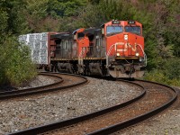 The "treasure " is the railing unit; BCOL 4641. I believe they were among the last units built with the original 4-pane widecab that adorned so many CN units from the 1970s and 80s; the best looking of them all IMHO. 314 trickles through the siding for a meet with 107.