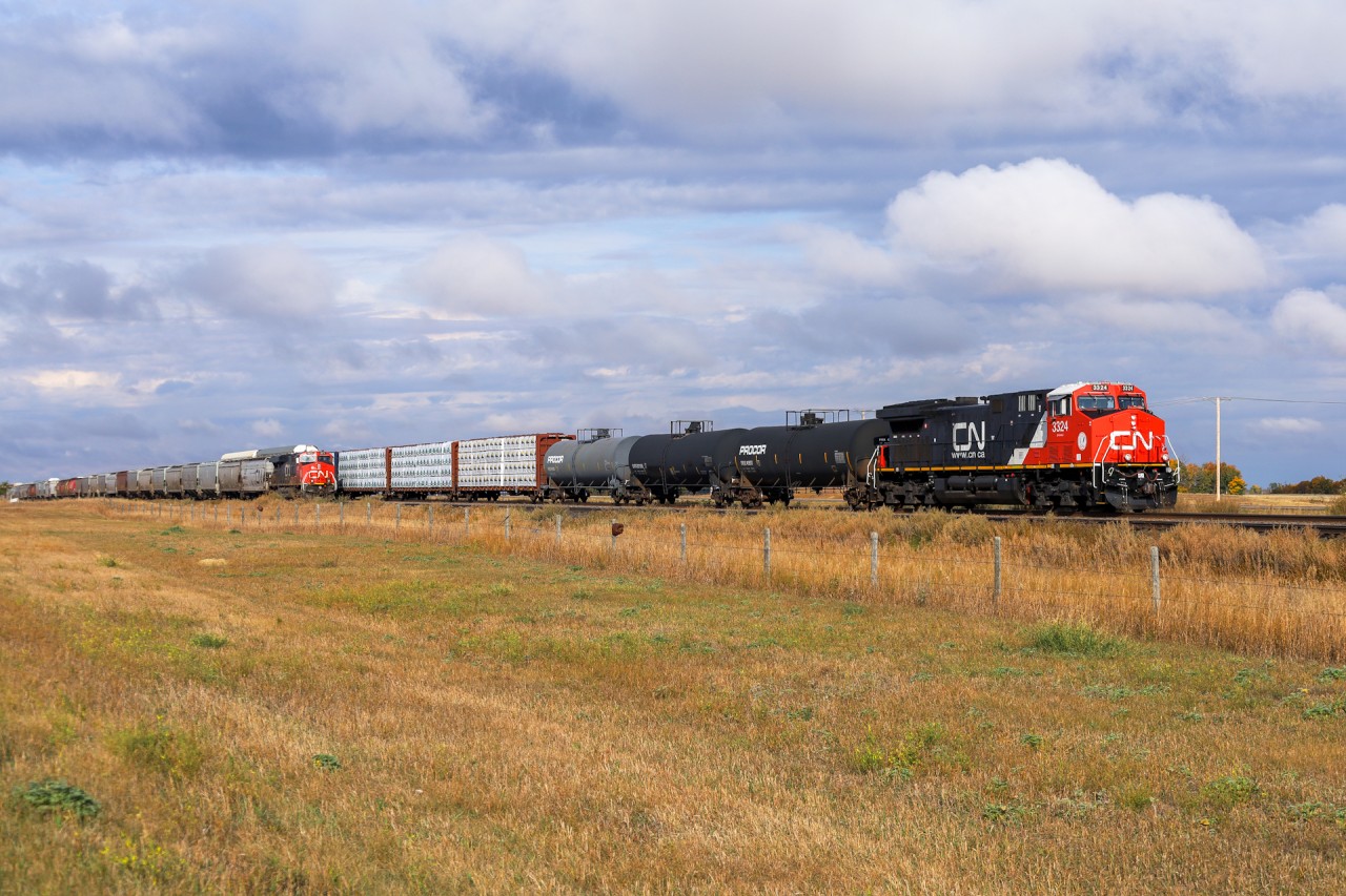 M 35651 26 with recently rebuilt CN 3324 overtakes G 80851 28 at Palo.