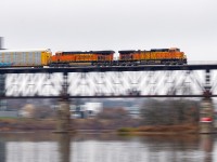 137 is usually a good candidate for foreign power.....but having it lead is still a novelty. Murphy would have it that this would occur on one of the greyer days of recent weeks, but beggars can't be choosers. So, with a little injection of colour, 137 crosses the Grand River panned at 1/10th.