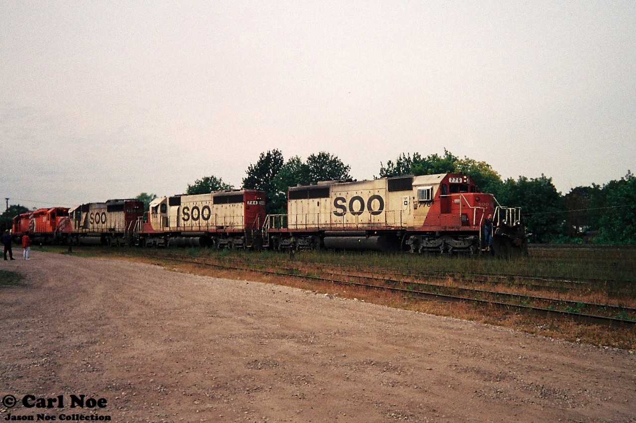 As my dad and I were railfanning London during a September afternoon, to our surprise a CP westbound had arrived in the Quebec Street yard with quite a neat consist. It included; CP SD40’s 5539, 5562 and SOO Line SD40-2 6618, SOO Line SD40 744 and SOO Line SD40-2 776. Thankfully the units uncoupled from their train and heading into the yard to make a lift allowing for an unobstructed view of the consist.  The five SD’s are viewed here making the move at the west-end of the yard much to our delight as well as a couple other railfans who had arrived to photograph the train.