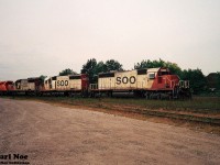 As my dad and I were railfanning London during a September afternoon, to our surprise a CP westbound had arrived in the Quebec Street yard with quite a neat consist. It included; CP SD40’s 5539, 5562 and SOO Line SD40-2 6618, SOO Line SD40 744 and SOO Line SD40-2 776. Thankfully the units uncoupled from their train and heading into the yard to make a lift allowing for an unobstructed view of the consist.  The five SD’s are viewed here making the move at the west-end of the yard much to our delight as well as a couple other railfans who had arrived to photograph the train. 