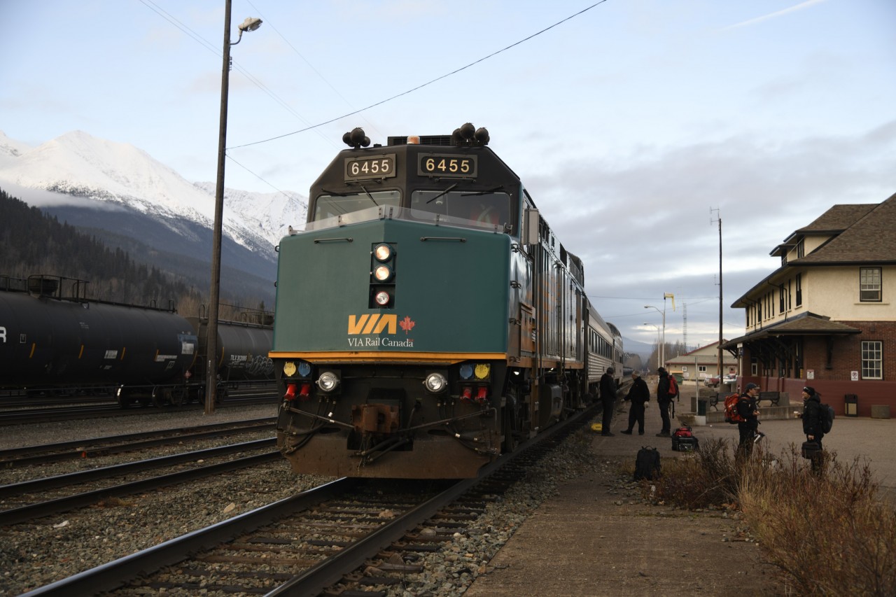 The Skeena 
VIA 6455 is heading up VIA #6 The Skeena on its return trip from Prince Rupert, BC to Jasper, AB and is stopped at the station in Smithers, BC for a headend crew change. 
The headend and on-board crews were exceptionally friendly during my entire trip from Jasper to Prince Rupert and return. Being able to walk the entire length of station platforms along the way for head and tail end shots was great. 
Hours of daylight were short, and the mountain weather was not always cooperative, but I managed to snag a number of interesting pics on both directions of my journey. 
I will definitely take this trip again in the not-too-distant future, in mid-summer when the daylight hours are much longer. :-)