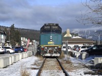 <b> Waiting for the Doctor </b> <br>
VIA 6455 was dragged into town as the second unit on VIA 006 The Skeena from Prince George, BC the day before. After making multiple switching moves, it has been shoved against the stop block next to the wayside power connections on the shed track just west of the Jasper train station. <br>
Later in the day the local VIA equipment department truck would pull up, and a technician would begin diagnosing the power problems this unit had been experiencing on it previous run heading up The Skeena.