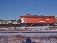 <br>
<br>
Saturday / Sunday Mornings required a statutory trip through Agincourt.
<br>
<br>
And always something worth capturing.
<br>
<br>
Christmas colours too!
<br>
<br>
GMD 1966 built GP40TC, GO #504 was a GO original, to Amtrak 1988 & had a longer career there than with GO, coupled to a 700 series sister. 
<br>
<br>
GMD 1951 built F7B, CP Rail #4433 and sisters were retired by 1983
<br>
<br>
MLW 1970 built M-630, CP Rail #4560 was delivered as #4515 and renumbered in 1971. All M-630 models retired by 1995.
<br>
<br>
and a TH&B geep hiding behind the GO sisters...and my shadow in the foreground.
<br>
<br>
At CP Rail Agincourt, December 22, 1979 Kodachrome by S.Danko
<br>
<br>
more Agincourt
<br>
<br>
 <a href="http://www.railpictures.ca/?attachment_id=  7533">  contrasting livery  </a>
<br>
<br>