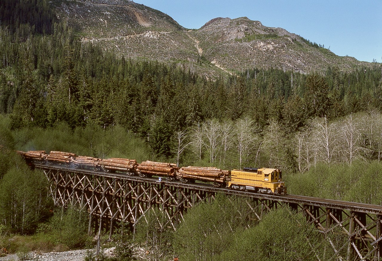 With just two miles to go to reach tidewater at Beaver Cove, a northward train of logs on Canadian Forest Products’ Englewood Logging Division on Vancouver Island is being led downgrade by dynamic brake equipped EMD SW1200 number 4804 across the Elk River timber trestle on Wednesday 1977-04-27.

CFP 4804 (later 304, then in 2006 to Western Forest Products 304) was originally Coos Bay Lumber 1203, then Georgia Pacific 1203, before coming to Canada to join three similar GMD-built units on CFP.  One difference was 4804 had switcher trucks when it arrived and as shown in the photo, but it eventually was converted to Flexicoil trucks like the other three.  After the railway shutdown in 2017, Western Forest Products 301, 302 and 304 were scrapped in 2023, but 303 survives on display at logging headquarters in Woss (https://maps.app.goo.gl/SGRDthxY7EFeCayr7?g_st=im), thirty-seven miles up the Nimpkish Valley from tidewater.