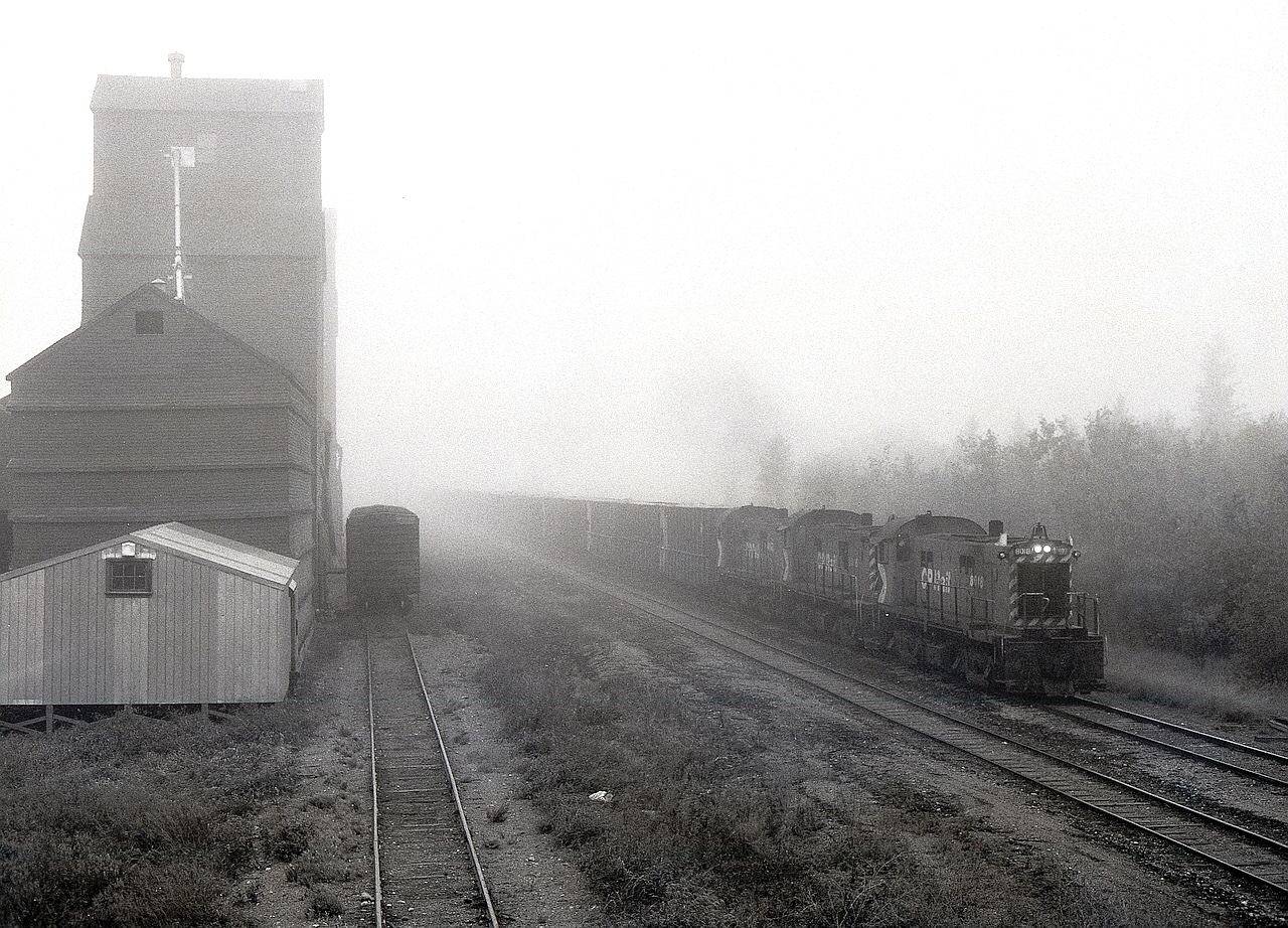 On Friday 1981-09-25, it was foggy in Leoville, SK, as a freight train from Meadow Lake returning to Prince Albert passed the grain elevator at 0848 CST, with a typical trio of RS-23 lightweight (for CN joint use branchline operation) units, 8018 + 8016 + 8015, for power.  34.2 more miles to reach CN rails at Debden, then 31.5+28.7+0.1+0.6 miles on four CN subdivisions (Big River, then Blaine Lake, Duck Lake and Tisdale) to reach CP rails at Prince Albert and a switchback route down to the CP yard, a spider’s web of lines.

 From https://www.traingeek.ca/wp/trains/class-1-railways/cp-saskatchewan/meadow-lake/:  “The subdivision was traded to CN in 1987 (?) in exchange for the CN Bengough subdivision. It was taken over by the Carlton Trail Railway in 1997.”  In 2008, decommissioning was announced, and it is now abandoned with the rails removed.