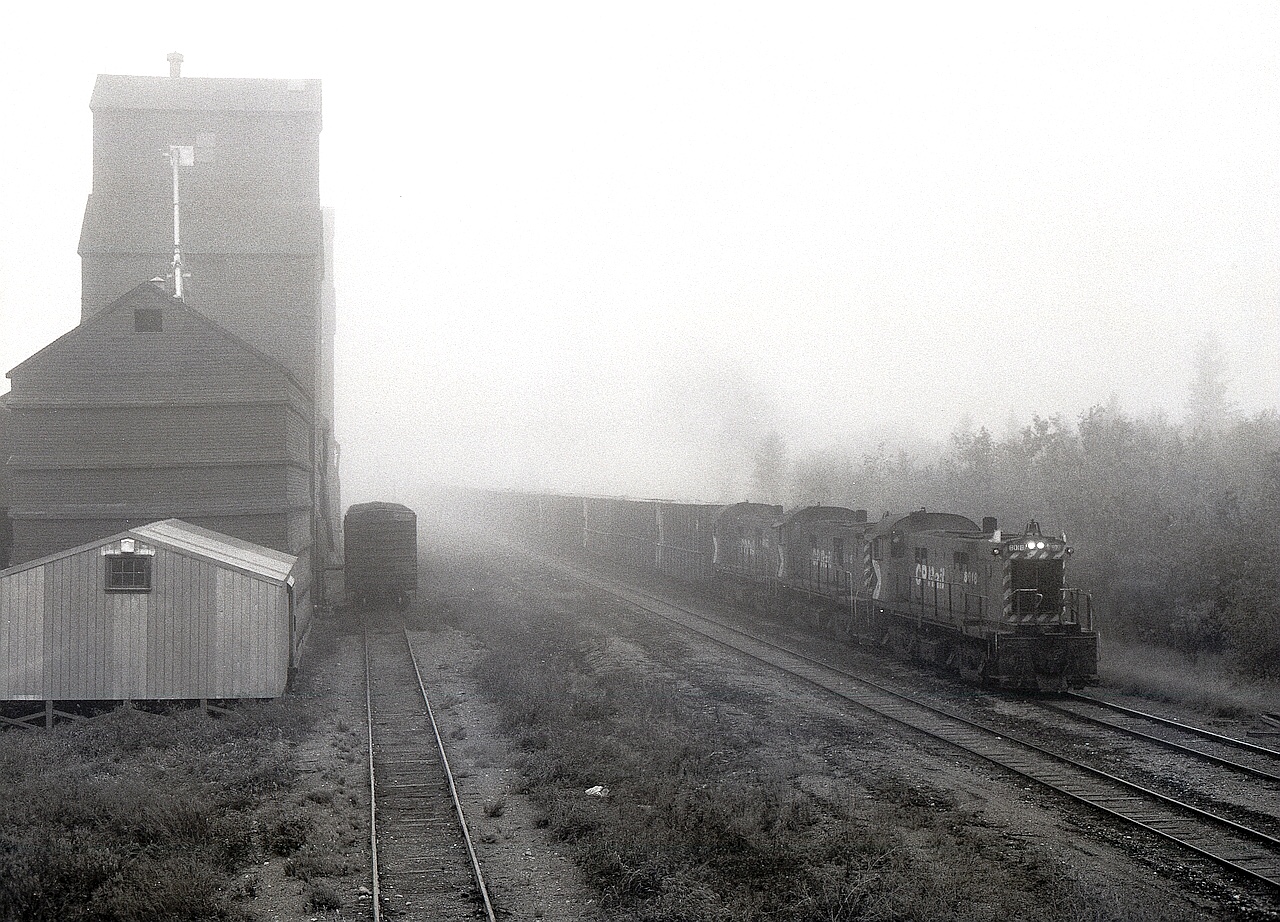 On Friday 1981-09-25, it was foggy in Leoville, SK, as a freight train from Meadow Lake returning to Prince Albert passed the grain elevator at 0848 CST, with a typical trio of RS-23 lightweight (for CN joint use branchline operation) units, 8018 + 8016 + 8015, for power.  34.2 more miles to reach CN rails at Debden, then 31.5+28.7+0.1+0.6 miles on four CN subdivisions (Big River, then Blaine Lake, Duck Lake and Tisdale) to reach CP rails at Prince Albert and a switchback route down to the CP yard, a spider’s web of lines.

 From https://www.traingeek.ca/wp/trains/class-1-railways/cp-saskatchewan/meadow-lake/:  “The subdivision was traded to CN in 1987 (?) in exchange for the CN Bengough subdivision. It was taken over by the Carlton Trail Railway in 1997.”  In 2008, decommissioning was announced, and it is now abandoned with the rails removed.