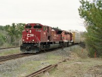 There were only 4 of these SD90MAC-H locomotives on CP, which made them rather difficult to catch. I had very limited success.  It was nice to unexpectedly bag this one while hanging around at CP Reynolds along James Bay Junction Rd, just "waiting for something to happen".  Due to constant reliability problems these units had a short life on CP. Built in 1999 and all retired by 2008 !  Trailing unit is CP 5915.