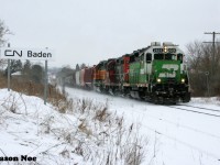 Some lunch hours are more interesting than others and this one was certainly an exception. Here CN L568 heads west through Baden, Ontario on the CN Guelph Subdivision with BNSF 2926, CN 7025 and BNSF 2090.