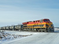 CPKC local train B18 crossing TWP 540 in rural Strathcona County.  KCS 5019  is the rear DP.