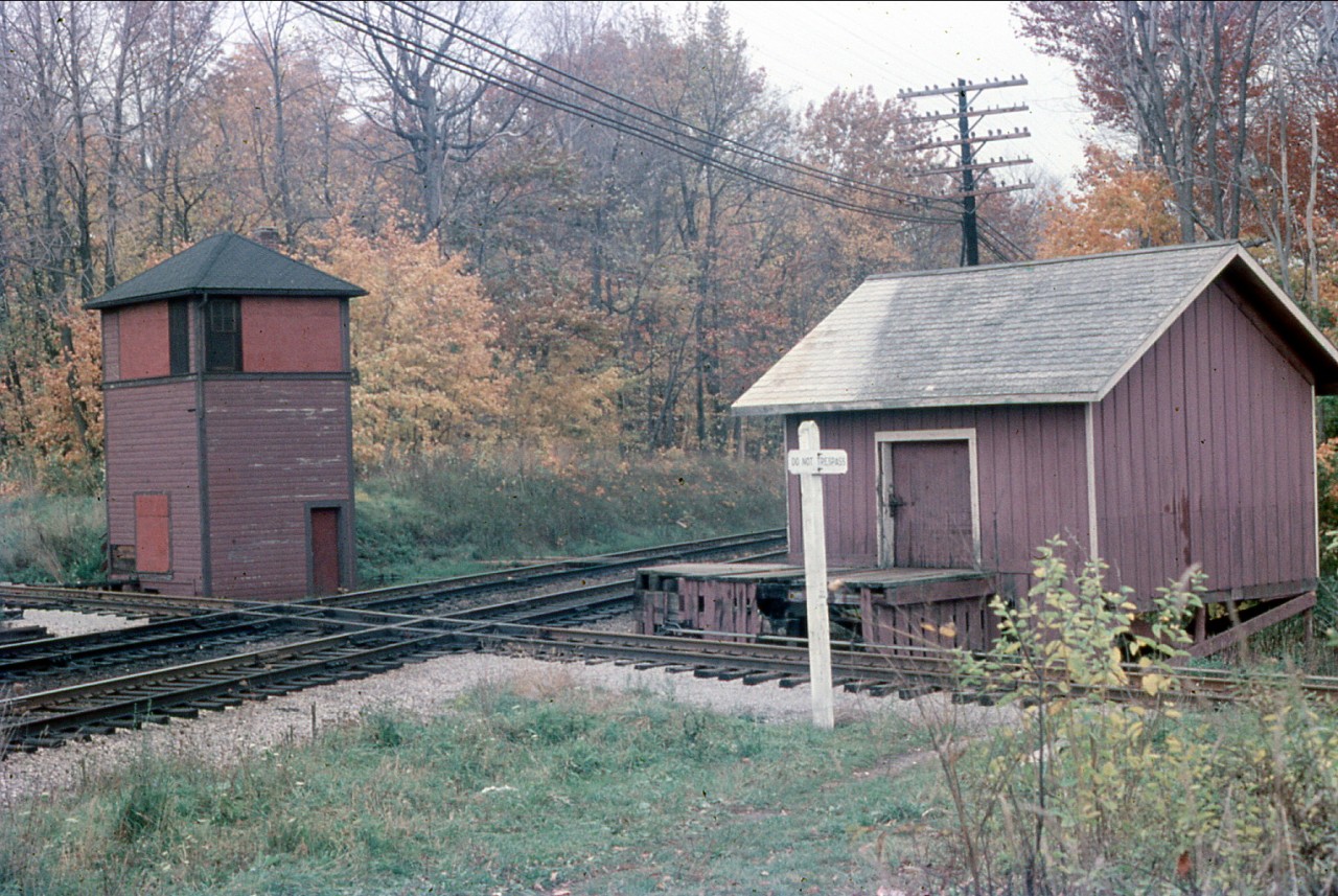 Here is another great shot of an era long gone- the control tower at the CNR Halton sub and CPR Galt sub diamond. Since the CNR Halton sub highline was built by-passing this diamond, the tower and old freight shed became obsolete and boarded up before being torn down. Taken from my fathers collection.