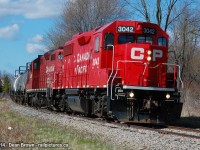 CP TE21 with CP GP38-2 3042 and CP GP9u 8223 arrive in Dunnville heading to Port Maitland on the CP Dunnville Sub.
