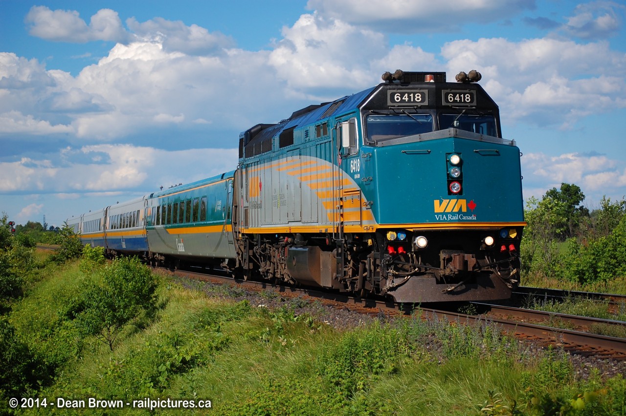 VIA 75 with VIA F40PH-3 6418 at Bethel Church Rd. in Brantford, ON on a sunny evening in July 2014.