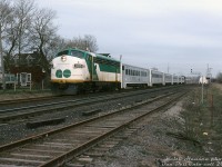 During the first week of operation of GO Transit's new Richmond Hill line, GO APCU 905 leads a 6-car train of single-level Hawkers and GP40-2W northbound on the Bala Subdivision. The train has just crossed John Street in Markham, having crossed Doncaster diamond with CN's York Sub minutes before.<br><br>The <a href=http://www.railpictures.ca/?attachment_id=32150><b>inaugural train trip and ceremony</b></a> on the new Toronto to Richmond Hill commuter service took place the previous Saturday (April 29th). This photo on Monday, May 1st 1978 was the first day of regular revenue service.<br><br><i>Keith Hansen photo, Dan Dell'Unto collection slide.</i>