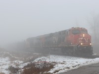 A422 emerges from the fog at Mile 42.0 on the Halton Sub..

