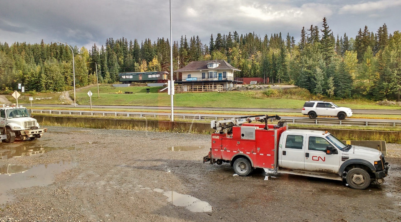 Grand Trunk Pacitic station (station design type E ) in Hinton Alberta  is now The Northern Rockies Museum of Culture and Heritage. 


The GTP built station was relocated from CN property some time after 1998.


Heritage of the coach / baggage car, unknown.


The view from Draper Manor, VIA #1,  September 11, 2018 digital by S.Danko.