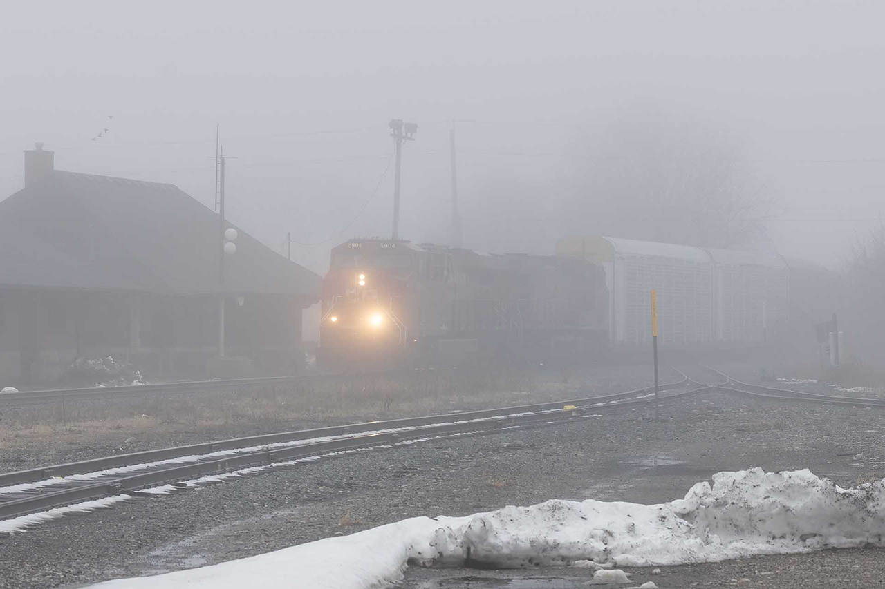 Ontario has suffered ( I really like 4 seasons) through a significant January thaw. The -20 of 10 days ago changed to +3. Warm moist air over the cold ground, and it's fog city. having been in their shoes, I know how hard it is to see signals, and the knowledge of the Hog to know where the crossings are is really put to the test. It's pretty miserable for everyone. I'm about 300 feet from the train.