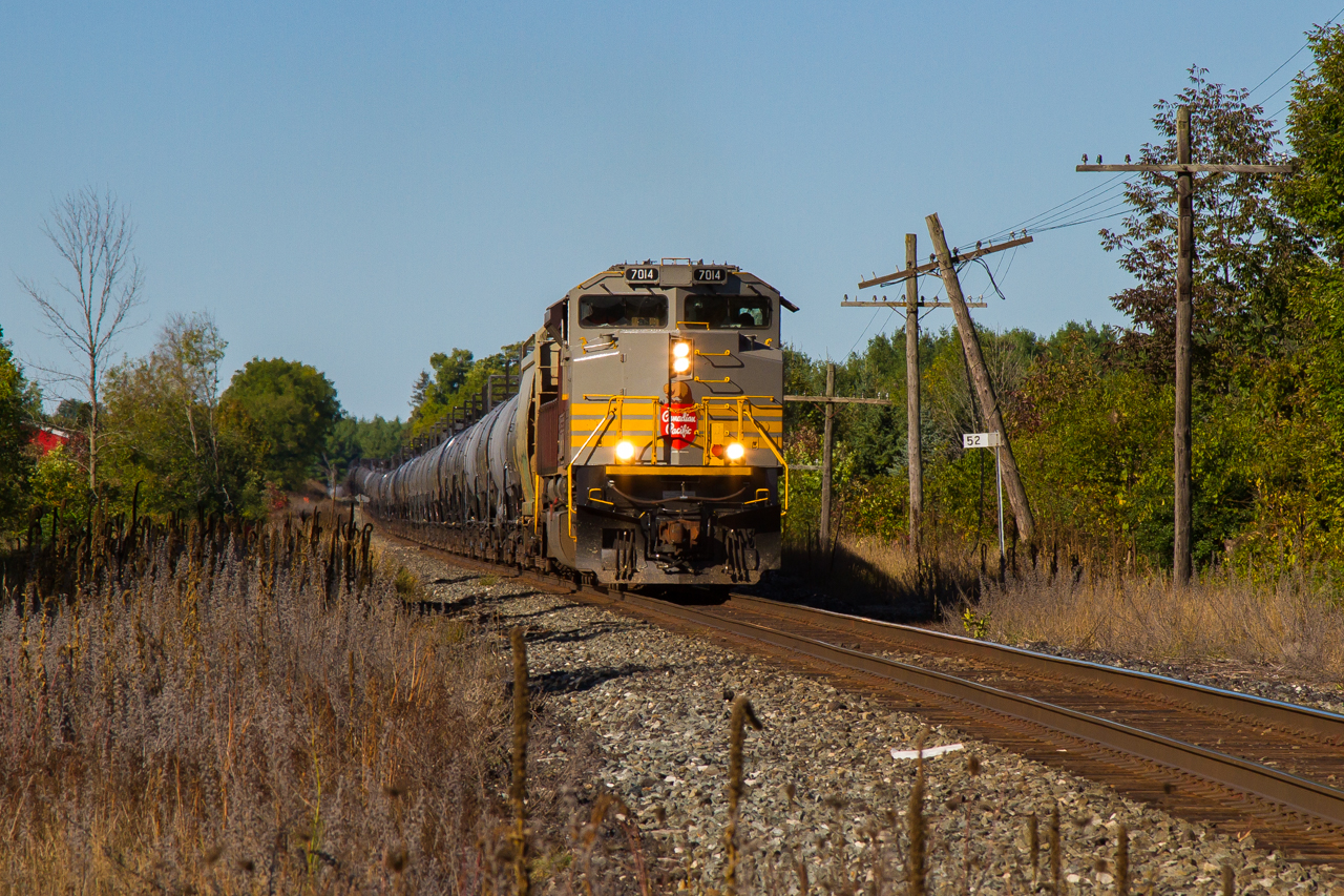 Needing some sun on the front page, and out in the real world, I thought I'd throw something in the mix to provide just that. 7014 hauls east on the Galt with a bunch of cans in tow for Toronto and points east. I think this was 650, but who knows. I don't see or care for much CP, but when I do, I make sure it's worthwhile.